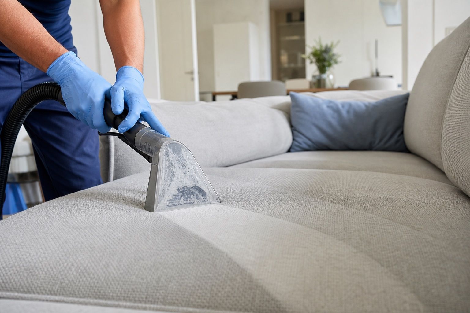 Extraction cleaning a light sofa in a home